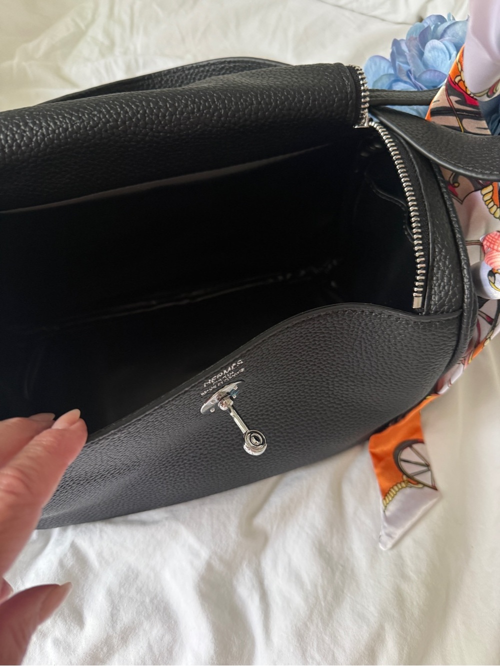 Black Pebbled Leather Shoulder Bag with Orange Accent Scarf - Picture 5 of 7